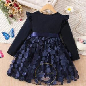 Vestido con cinta aplique de malla en contraste azul oscuro niñas