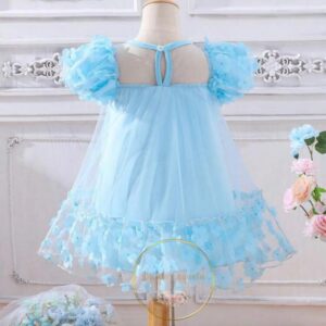 Vestido aplique de manga de farol fruncido de malla azul celeste niñas