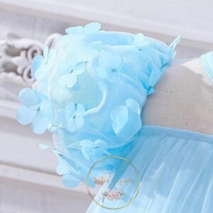 Vestido aplique de manga de farol fruncido de malla azul celeste niñas