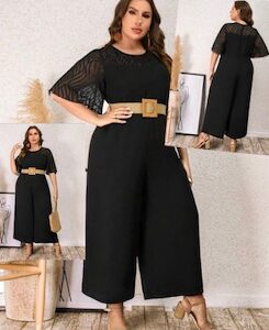 Entero de pierna ancha de malla en contraste de manga con volante sin cinturón no elasticado