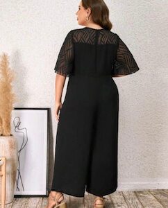 Entero de pierna ancha de malla en contraste de manga con volante sin cinturón no elasticado