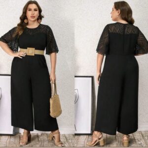 Entero de pierna ancha de malla en contraste de manga con volante sin cinturón no elasticado