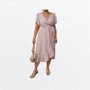 Vestido Con Cuello  en V De Volantes Y Cintura Atada Estampado De Flores Pequeñas