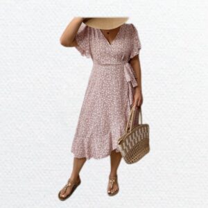 Vestido Con Cuello  en V De Volantes Y Cintura Atada Estampado De Flores Pequeñas