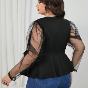 Blusa peplum de malla en contraste de manga gigot con nudo lateral