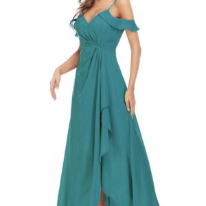 Vestido largo Turquesa de hombros descubiertos con abertura en pierna elasticado