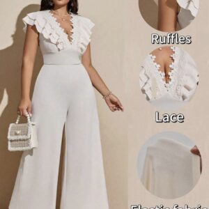 Entero de fiesta elegante y casual elasticado beige cuello en V con encaje