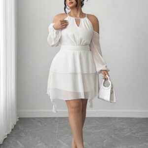 Vestido de chifon con cuello de corazon mangas de farol hombros descubiertos