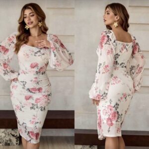 Vestido midi de manga larga con volantes en cintura estampado floral