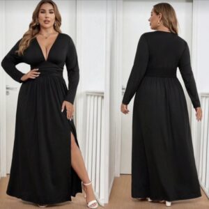 Vestido manga larga cuello en V y abertura en pierna elasticado