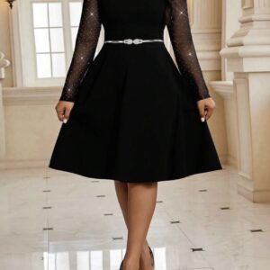 Vestido elegante de manga larga con brillos de malla elasticado