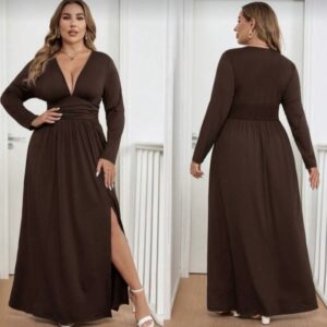 Vestido largo de manga larga cuello en V abertura en pierna