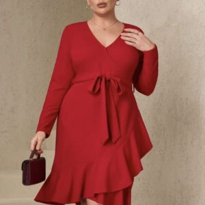 Vestido de manga larga cuello en V con volantes hasta la rodilla