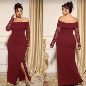 Vestido maxi de manga larga con hombros descubiertos y abertura en pierna
