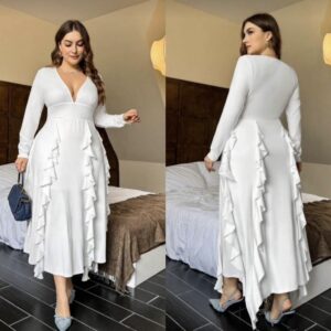Vestido elegante de manga larga con escote en V profundo y dobladillo con volantes